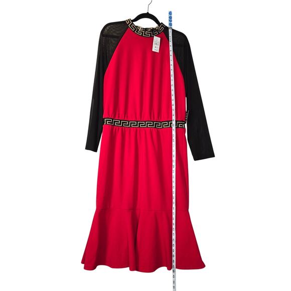 Ashley Stewart Womens 14/16 Red Midi Dress Black Mesh Sleeves Greek Key Trim NWT - Picture 5 of 12